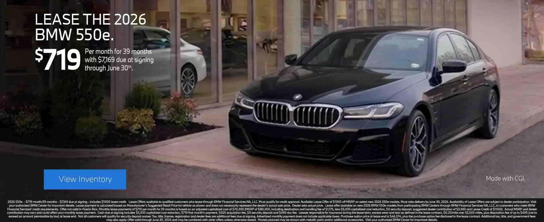 Lease the 2026 BMW 550e for $719 in Berks County, PA