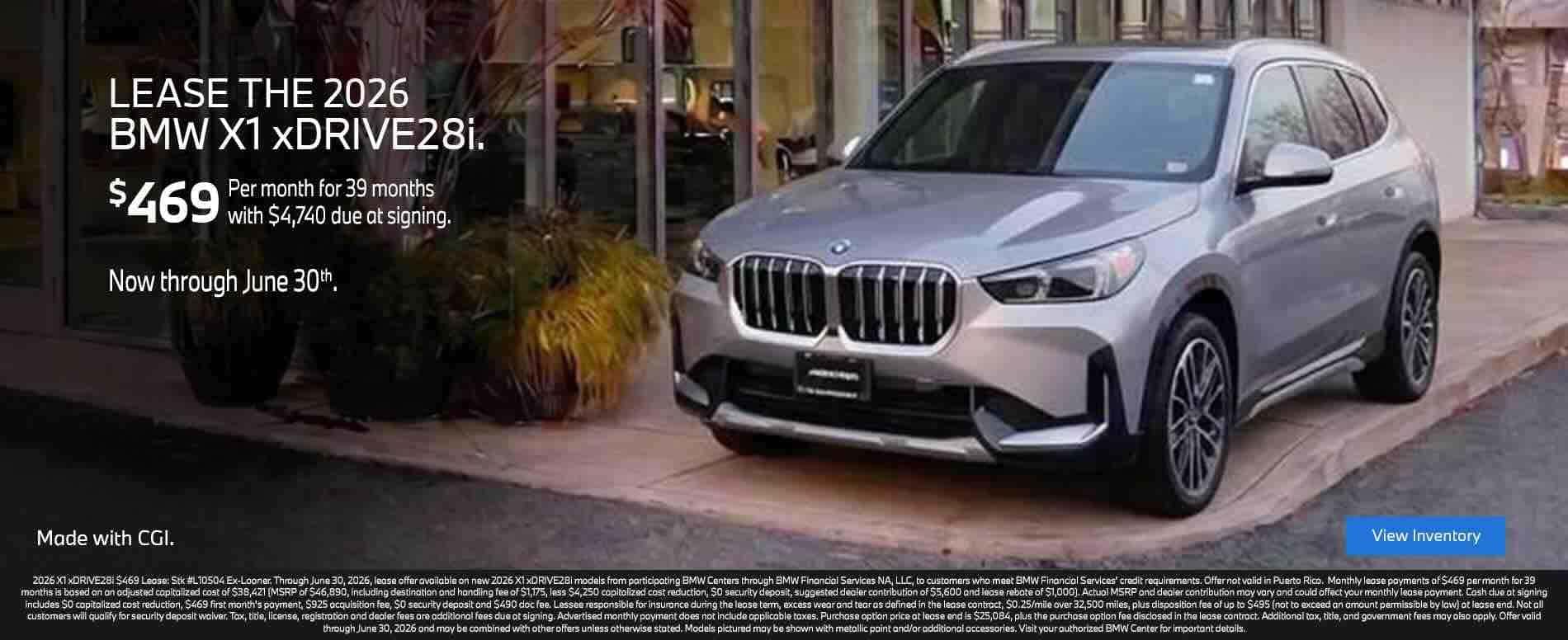 Lease the 2026 BMW X1 xDrive28i for $469 per month for 39 months at BMW of Reading