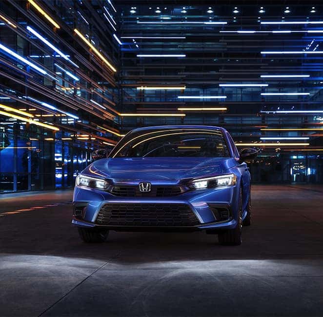 New 2025 Honda Civic at Delaney Honda | Front profile of a blue 2025 Honda civic