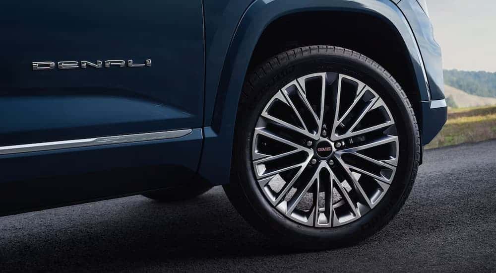 Close-up of a tire with rim on a 2026 GMC Terrain Denali
