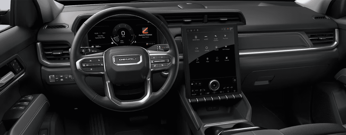 Black interior and infotainment system in a 2025 GMC Terrain