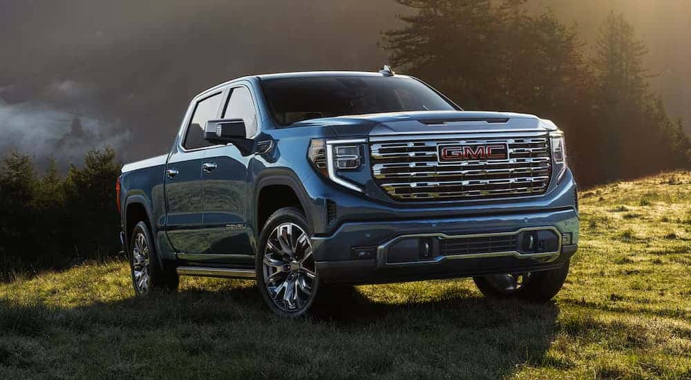 A blue 2026 GMC Sierra 1500 Denali parked on grass