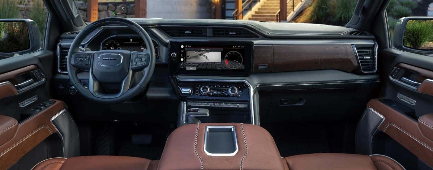 The brown interior of a 2026 GMC Sierra 1500.
