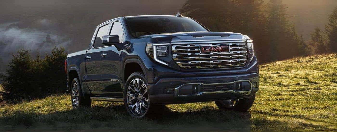 A blue 2024 GMC Sierra 1500 parked off-road on grass