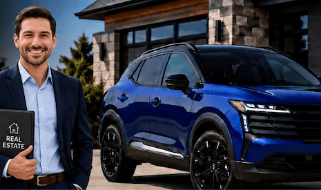 Real estate agent with their vehicle in front of a home for sale