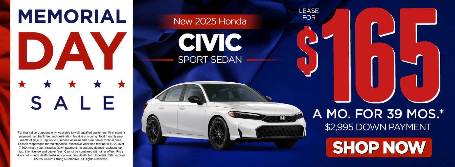 2025 New Honda Civic Sport Sedan "Lease for $165 mo/39 Months* $2,995 Down! "