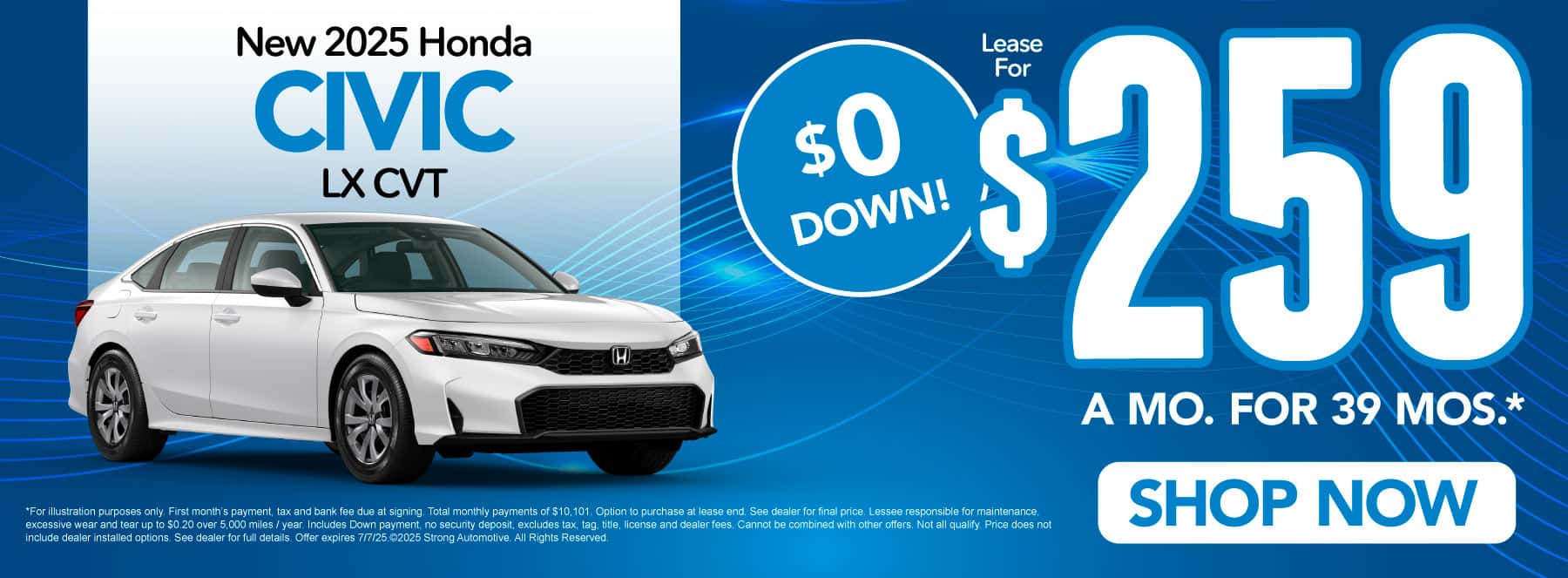 New 2025 Honda Civic LX CVT "Lease for $259/mo for 39 months* $0 down payment"