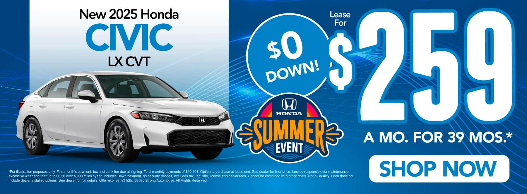 New 2025 Honda Civic LX CVT "Lease for $259/mo for 39 months* $0 down payment"