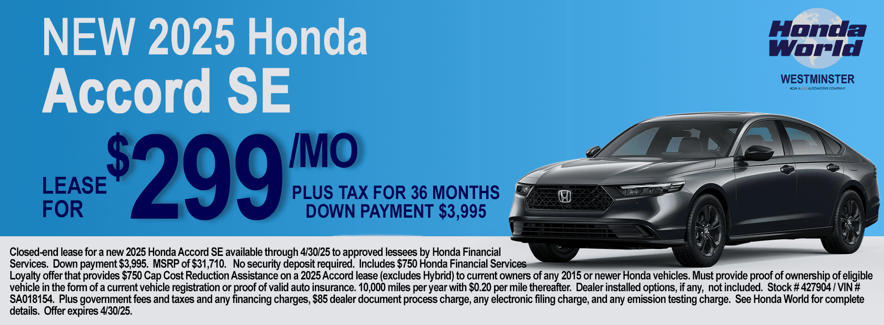 2025 Honda Accord SE Lease Offer