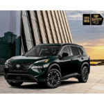 Side view of 2026 Nissan Rogue and IIHS Top Safety Pick Logo top right corne