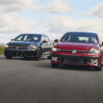 VW Golf R and Golf GTI driving side by side