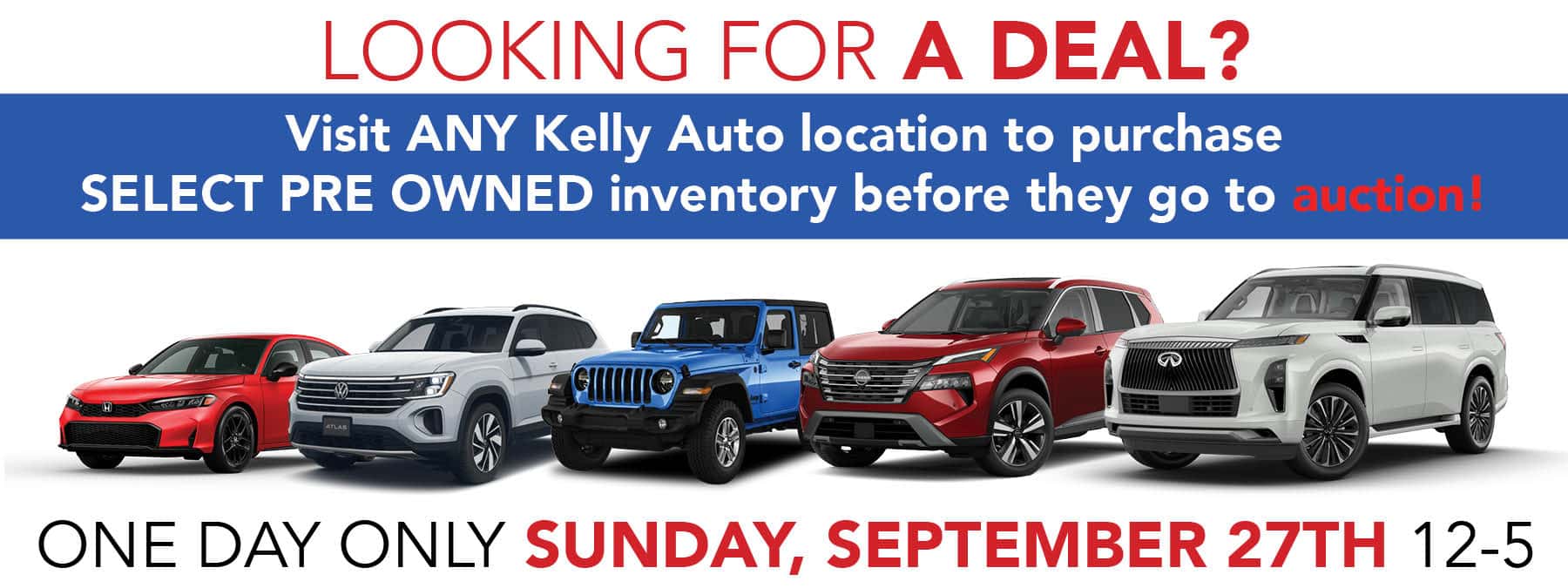 Pre-Owned special offers at Kelly Auto locations this Sunday