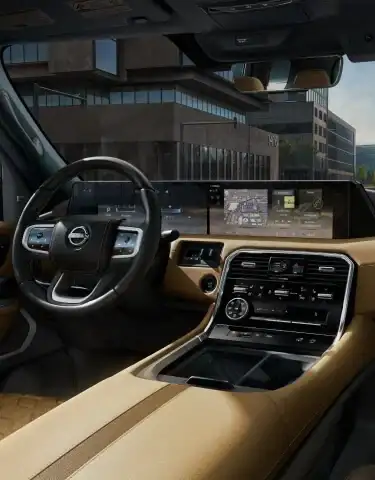 2026 Nissan Armada interior with saddle brown dual display digital dashboard