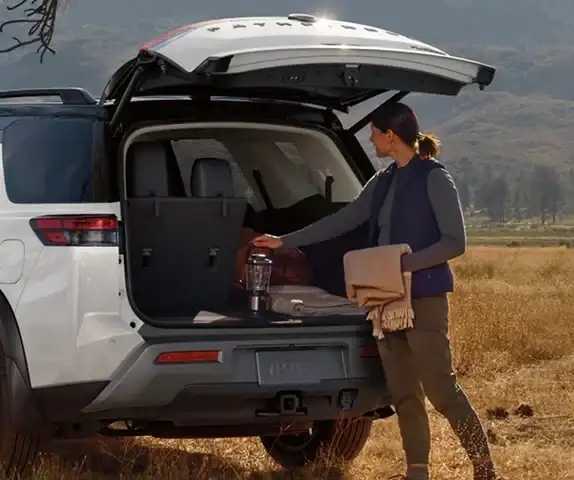 2026 Nissan Pathfinder rear cargo area loaded with lake gear