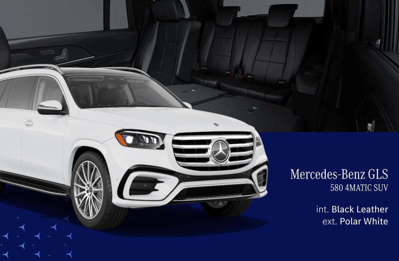 Mercedes-Benz GLS 580 4MATIC SUV with black leather interior and Polar white exterior