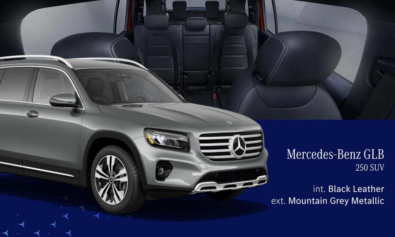 Mercedes-Benz GLB 250 SUV with black leather interior and mountain grey metallic exterior
