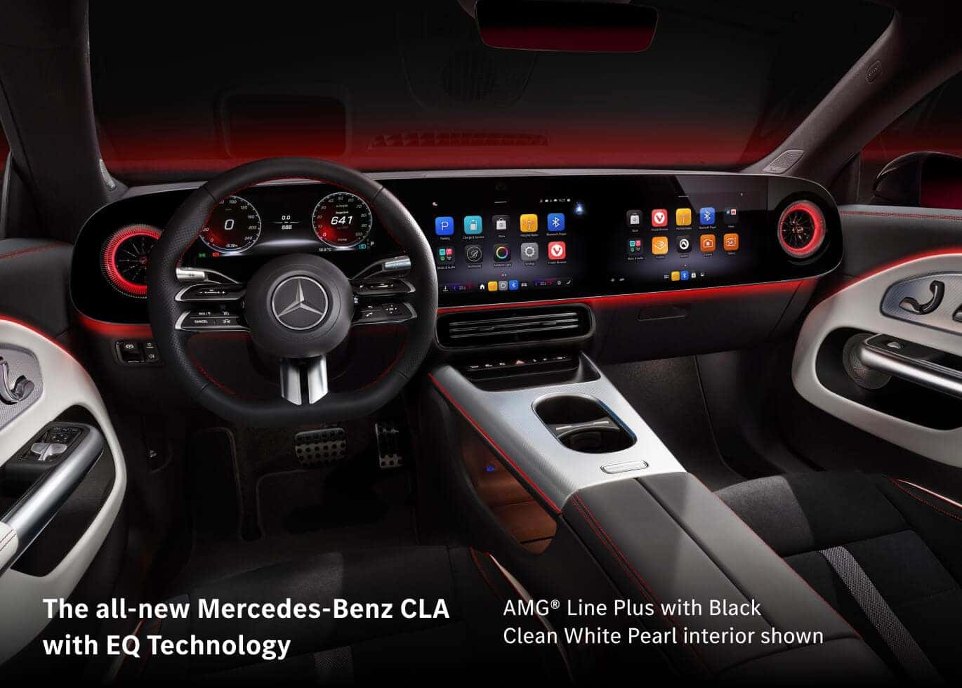 The all-new Mercedes-Benz CLA with EQ Technology, AMG Line Plus with Black Clean white peral interior shown.