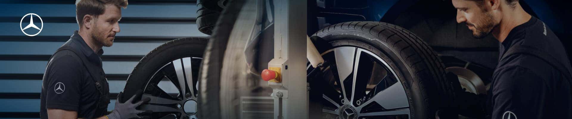 A Mercedes-Benz Certified Technician inspects a tire in a Service Center.