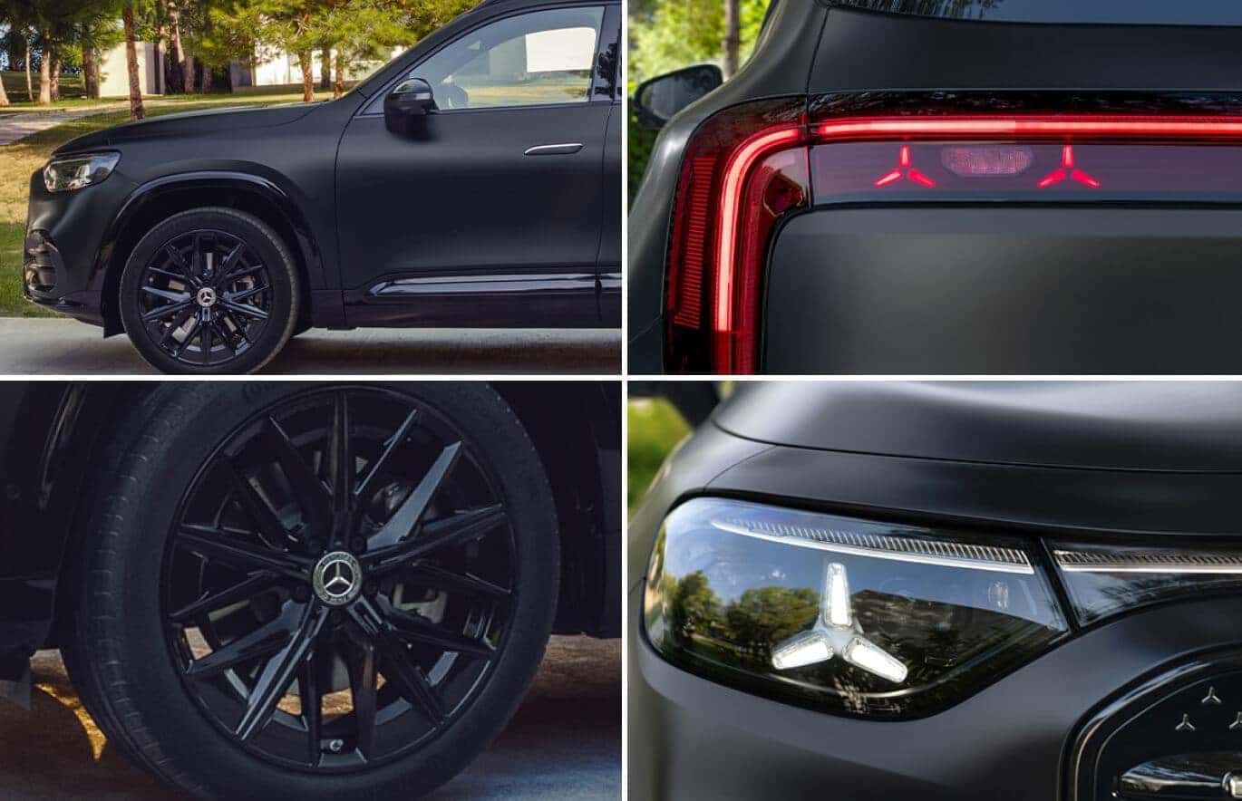 Collage image of showing exterior body details of a black 2027 Mercedes-Benz Electric GLB SUV.