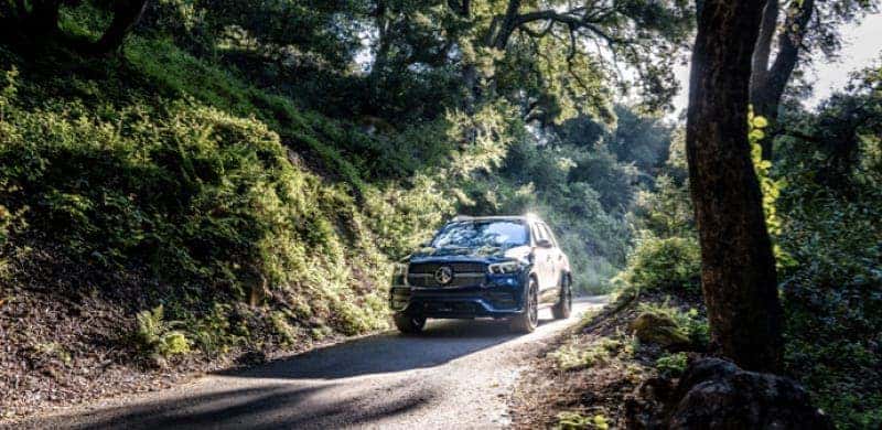 Mercedes-Benz vehicle driving through wooded area