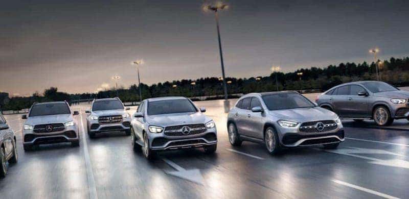 Fleet of Mercedes-Benz vehicles dirivng