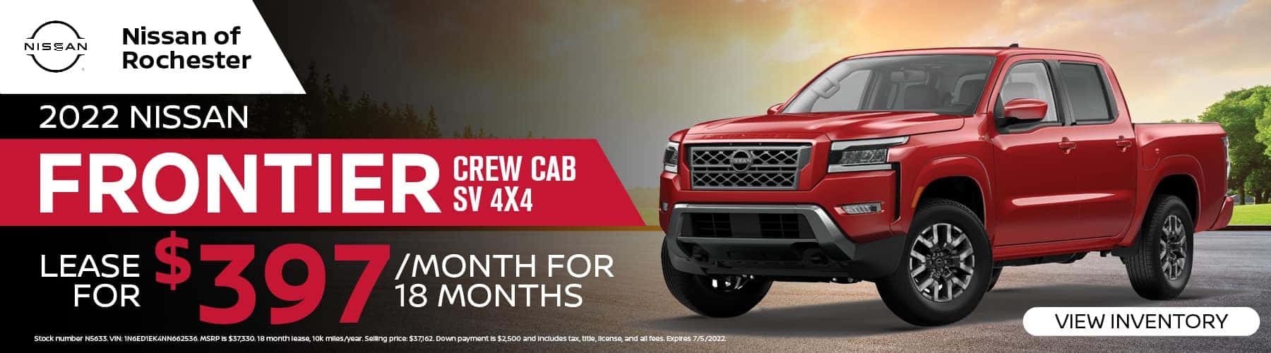 New 2022 Nissan Frontier Crew Cab SV 4x4 lease for $397 per month for 18 months