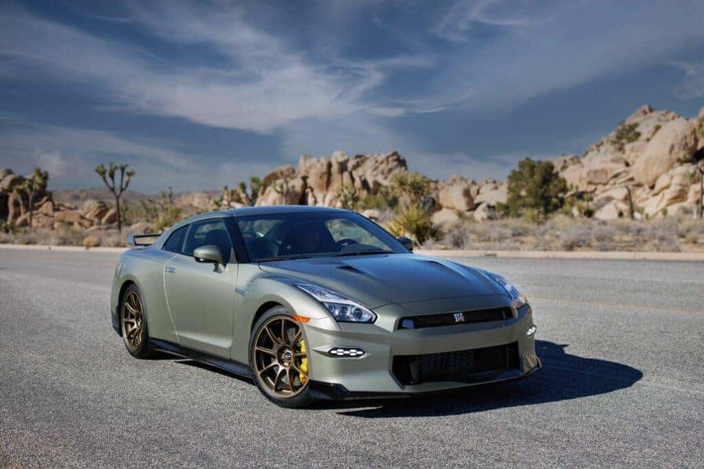 Nissan GT-R Parked 3/4 Front View in a Desert Parking Lot