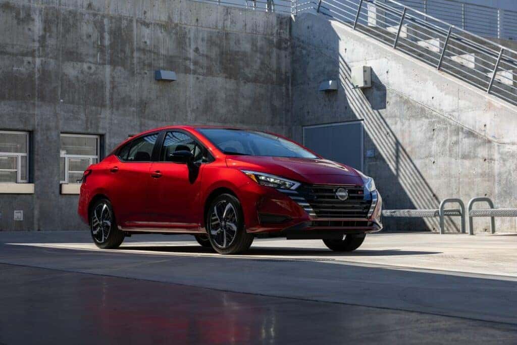 Nissan Versa Parked Front 3/4 View in a Concrete Structure