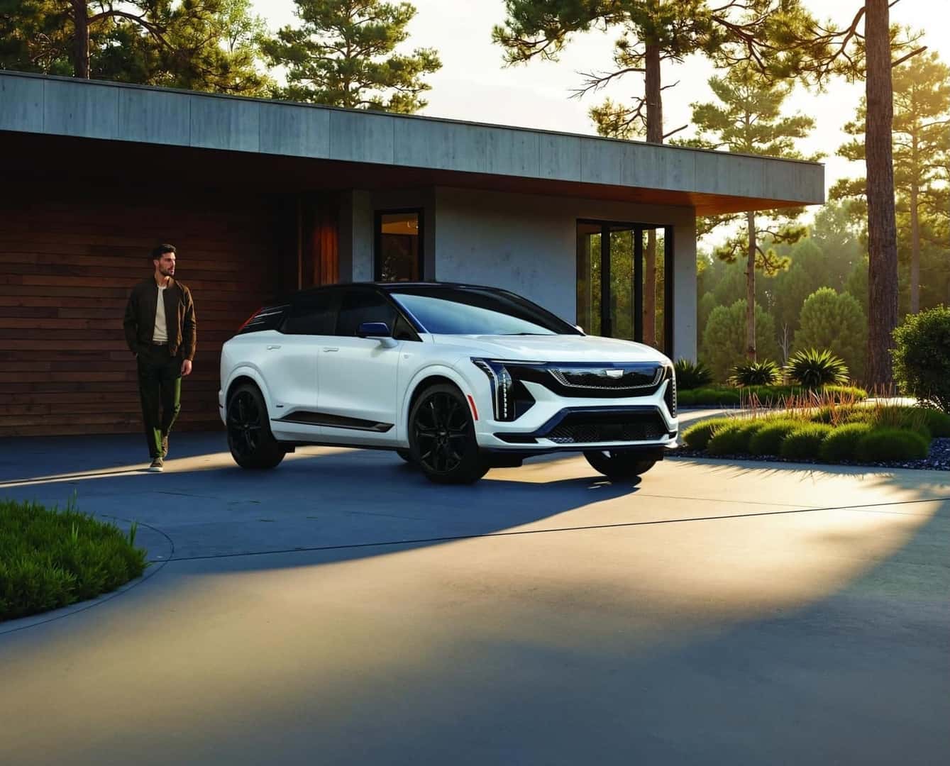Cadillac vehicle outside a modern home