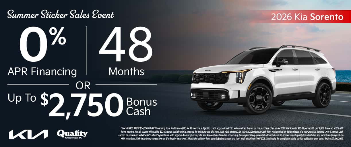 Get 0% APR for 48 Months or Up to $2,750 Bonus Cash on a new 2026 Kia Sorento