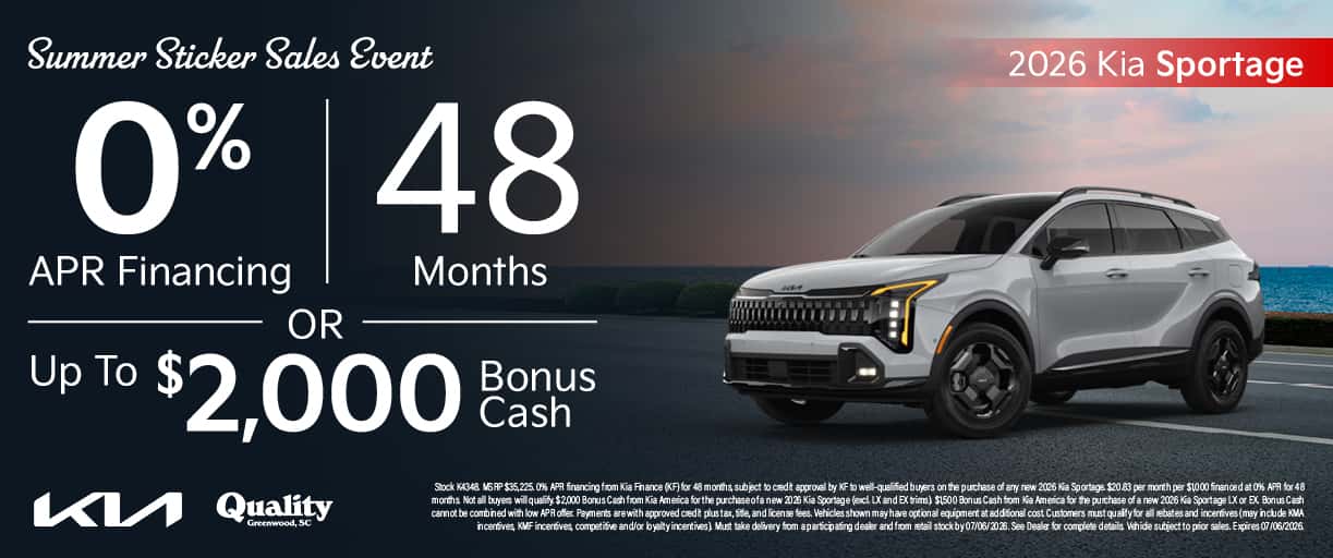 Get 0% APR for 48 Months or Up to $2,000 Bonus Cash on a new 2026 Sportage
