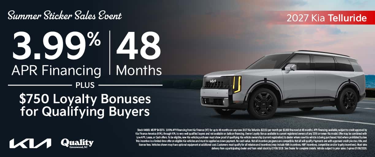 Get 3.99% APR for 48 Months + $750 Loyalty Bonus for Qualifying Buyers on a new 2027 Telluride