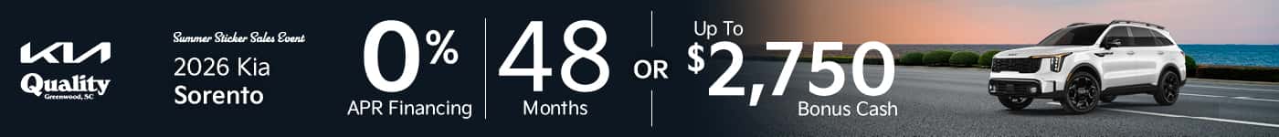 Get 0% APR for 48 Months or Up to $2,750 Bonus Cash on a new 2026 Kia Sorento
