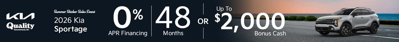 Get 0% APR for 48 Months or Up to $2,000 Bonus Cash on a new 2026 Sportage