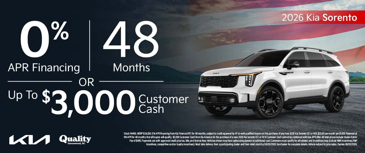 Get 0% APR for 48 Months or Up to $3,000 Customer Cash on. New 2026 Kia Sorento