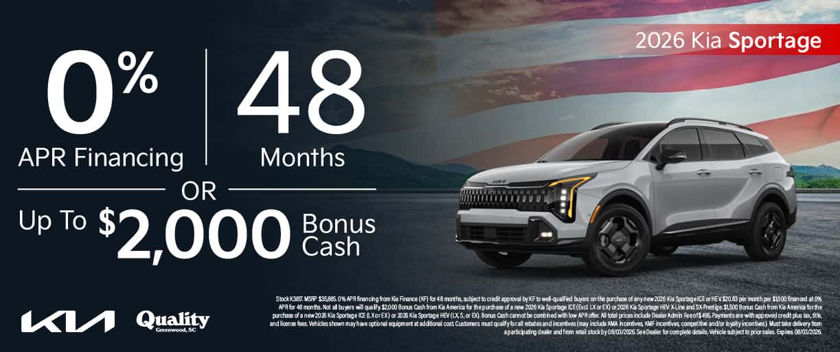 Get 0% APR for 48 Months or up to $2,000 Bonus Cash on a New 2026 Sportage.