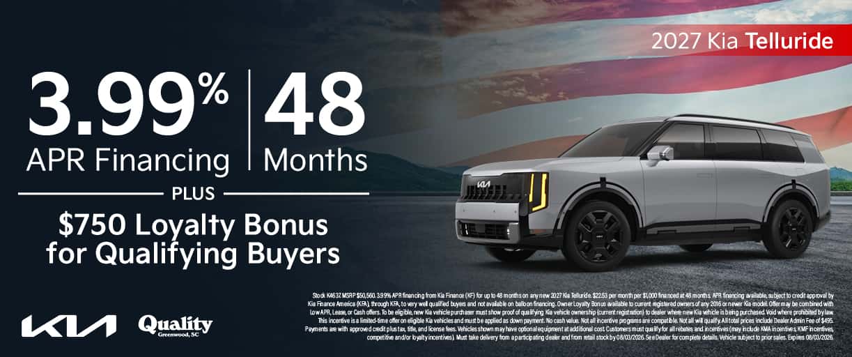 Get 3.99% APR for 48 Months + $750 Loyalty Bonus for Qualifying Buyers on a new 2027 Telluride