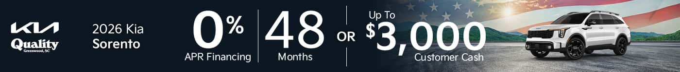 Get 0% APR for 48 Months or Up to $3,000 Customer Cash on. New 2026 Kia Sorento