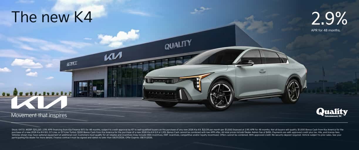 Get 2.9% APR for 48 Months or up to $1,000 Bonus Cash on a new 2026 Kia K4