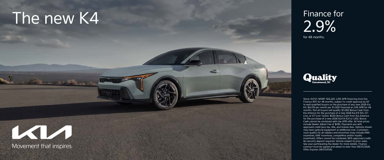 Get 2.9% APR for 48 Months or up to $1,000 Bonus Cash on a new 2026 Kia K4