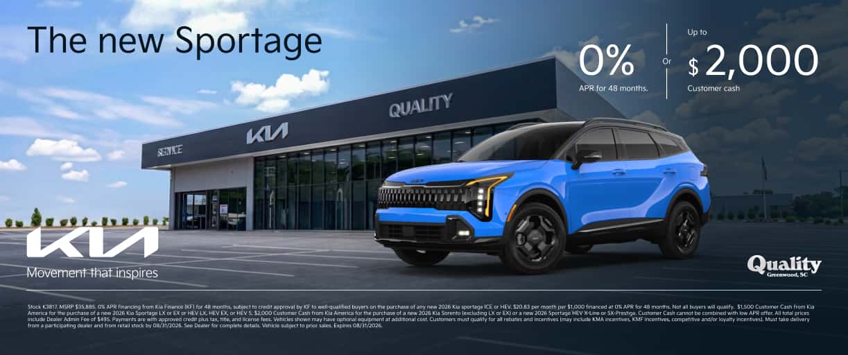 Get 0% APR for 48 Months or up to $2,000 Bonus Cash on a New 2026 Sportage.