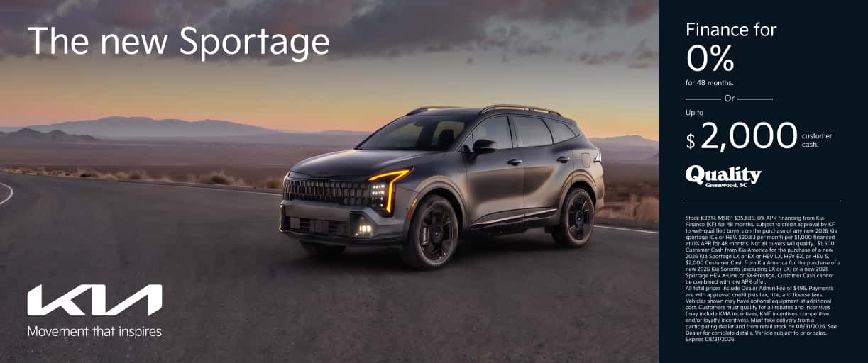 et 0% APR for 48 Months or up to $2,000 Bonus Cash on a New 2026 Sportage.
