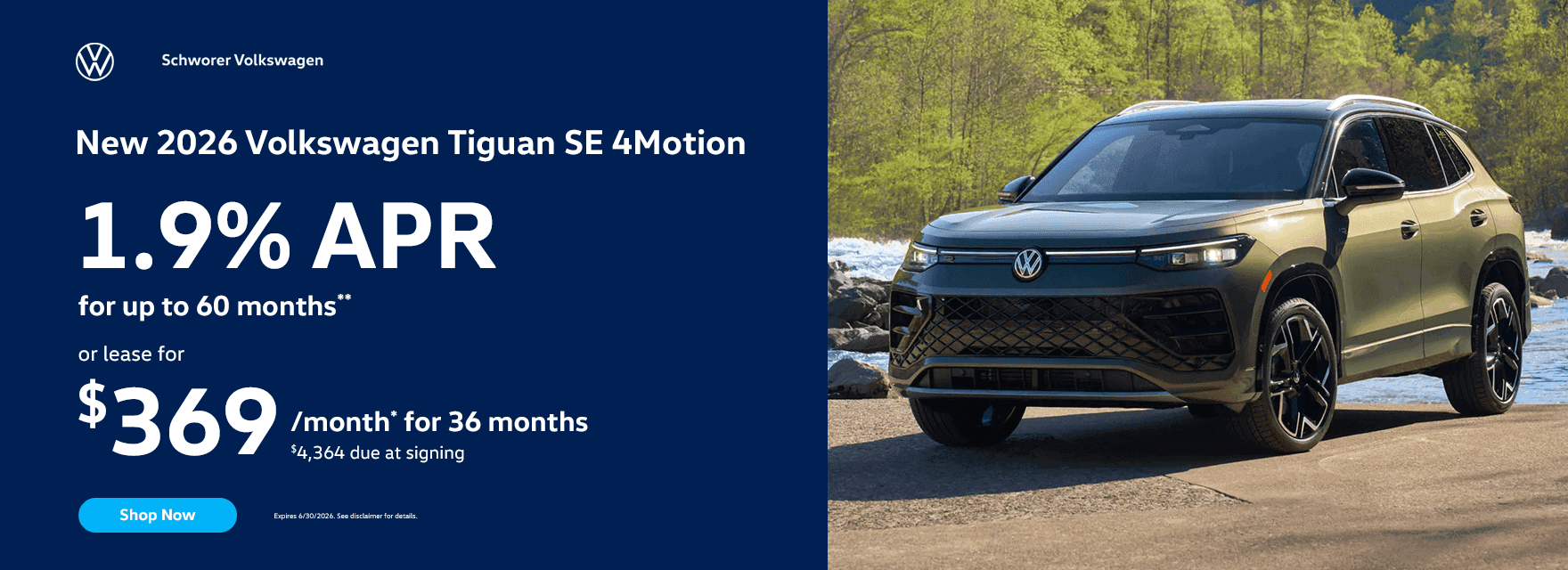 New 2026 Volkswagen Tiguan SE 4Motion 1.9% APR for up to 60 months** or lease for $369 /month* for 36 months $4,364 due at signing