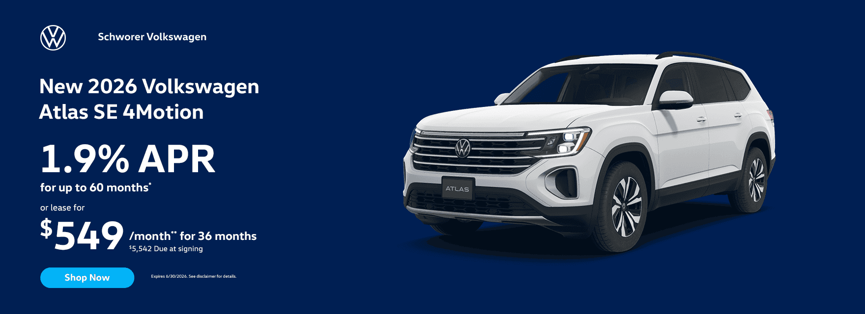 New 2026 Volkswagen Atlas SE 4Motion 1.9% APR for up to 60 months or lease for $549 /month** for 36 months $5,542 Due at signing