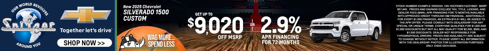 03.2025_Carrera_Get up to $9,020 off MSRP AND 2.9% APR Financing for 72 Months on New 2025 Chevrolet Silverado 1500 Custom Models!