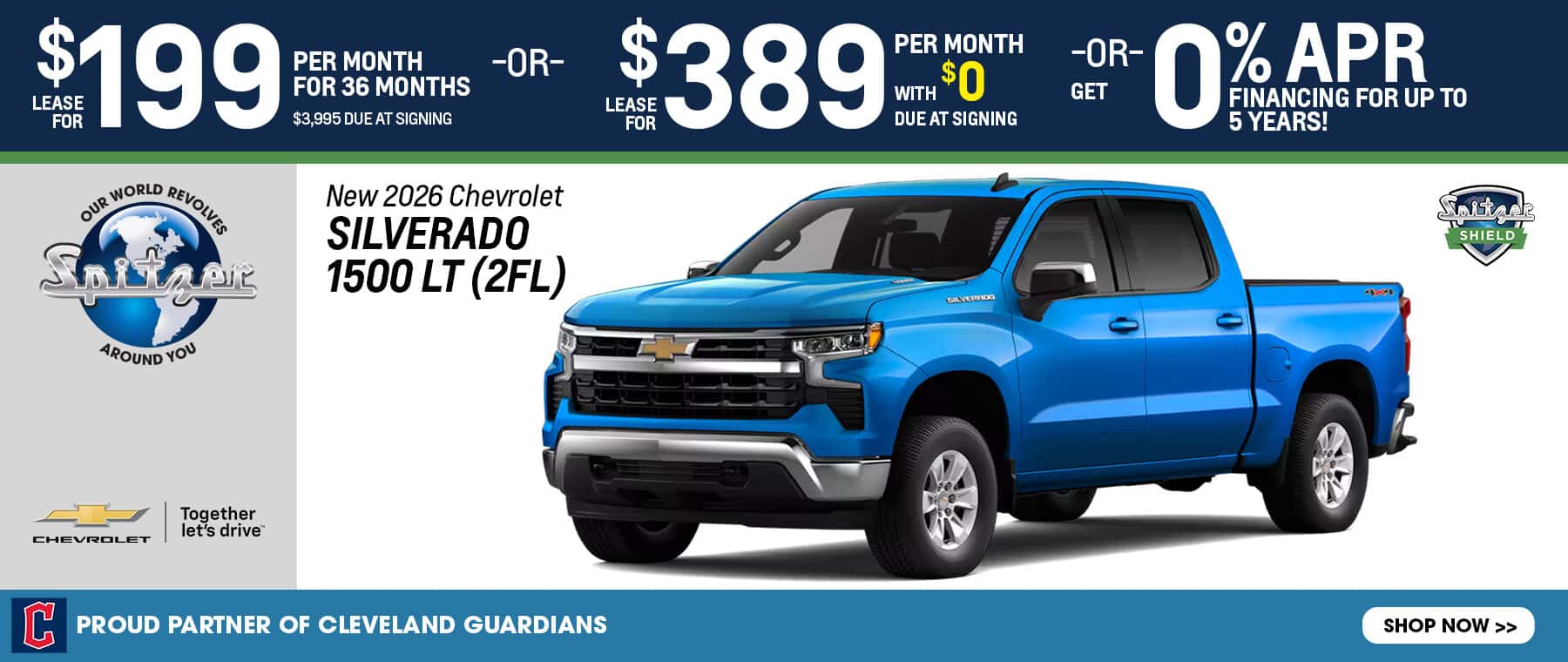 09.2026_Chevy Silverado_Lease for $199 for 36 mo OR $389 with $0 due OR get 0% for 5 years