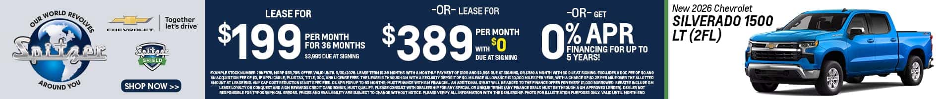 09.2026_Chevy Silverado_Lease for $199 for 36 mo OR $389 with $0 due OR get 0% for 5 years