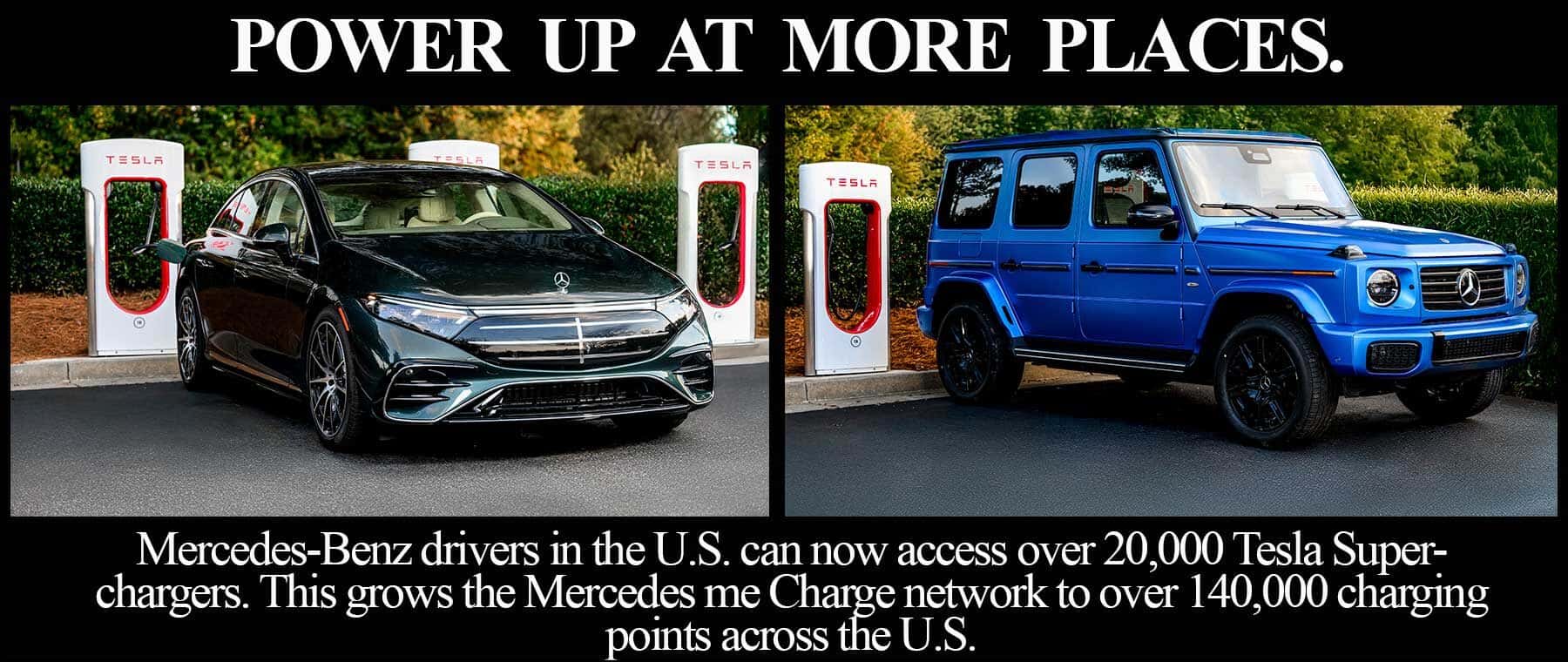 MB models parked at Tesla charging station