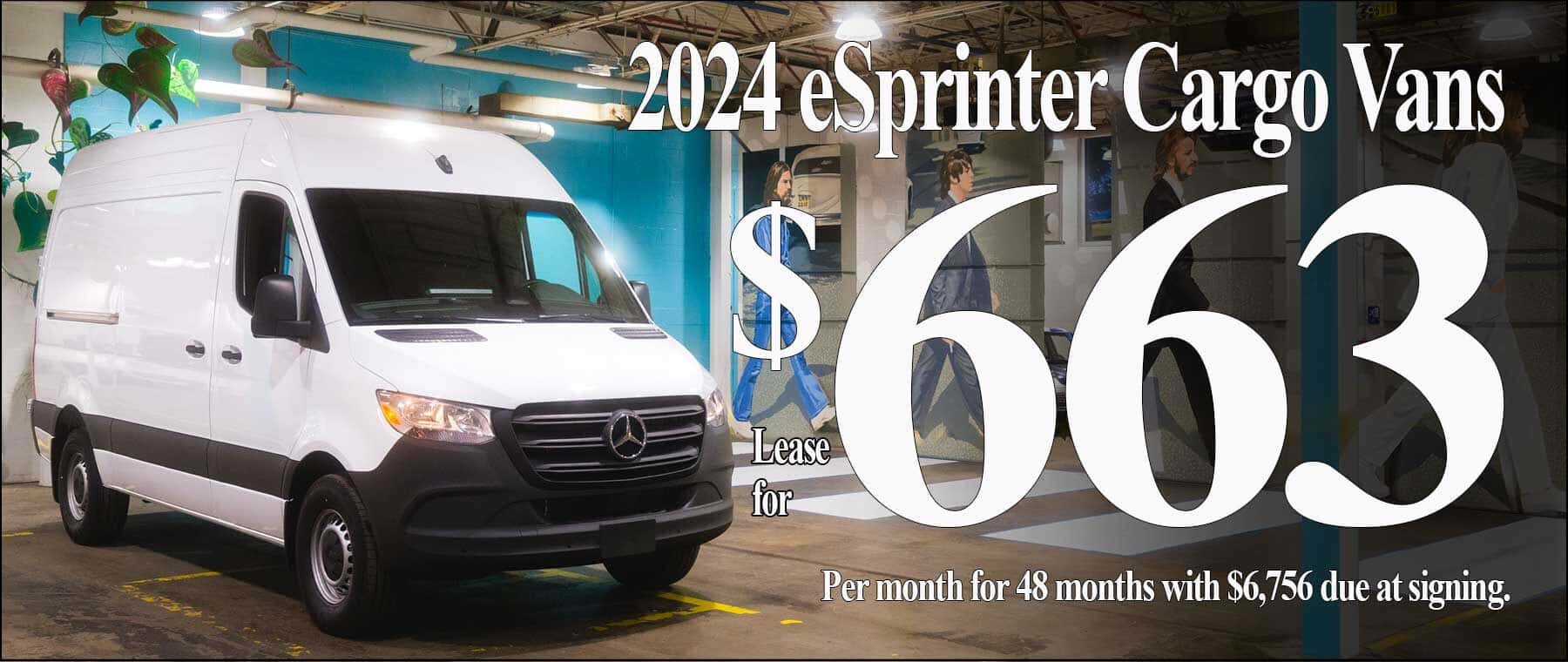2024 eSprinter Hi-Top Cargo Van parked in front of art of the Beatles