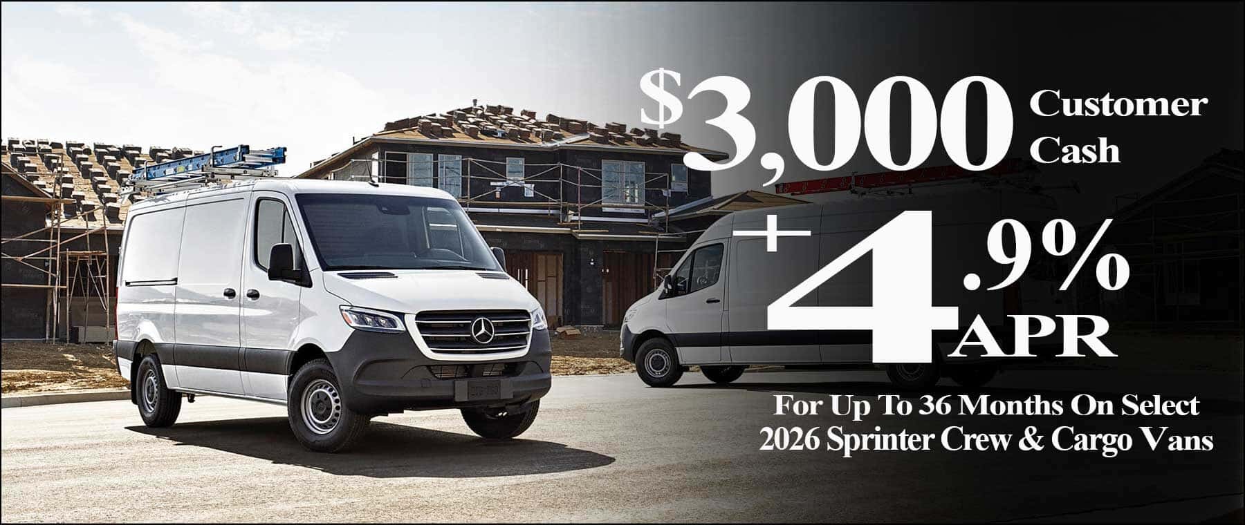 Special offer on the 2026 Mercedes-Benz Sprinter parked at a construction site.